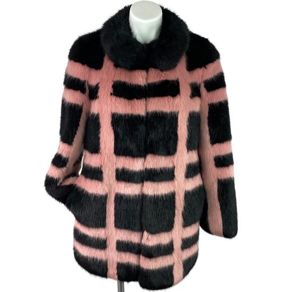 Shrimps Pink Black Plaid Faux Fur Coat Women’s M Short Modacrylic - Picture 9 of 13